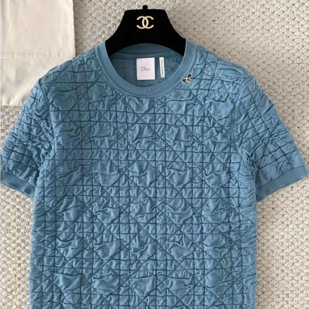Dior Sky Blue Quilted Short Sleeve Sweater with Bow Pin